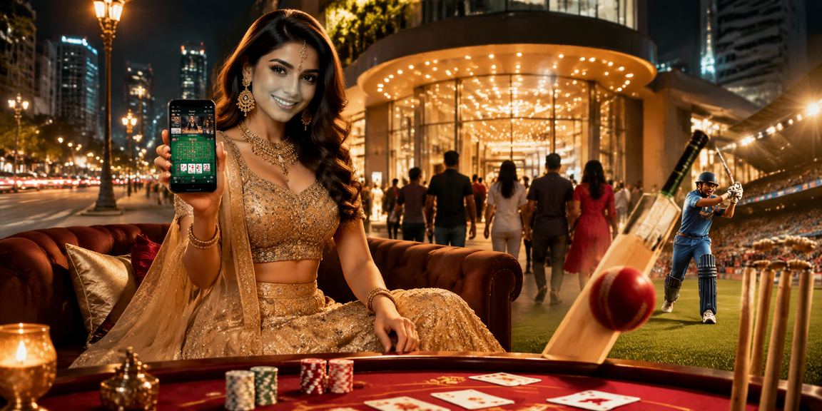 Player betting on cricket on mobile with colorful lehenga