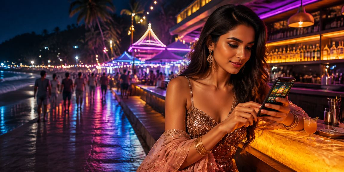 Players enjoying Teen Patti gameplay on mobile devices at beachside in Goa