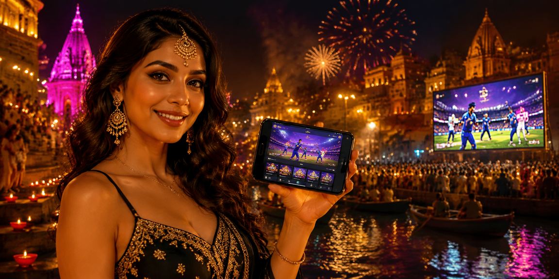 Mobile gaming casino scene at Varanasi ghat